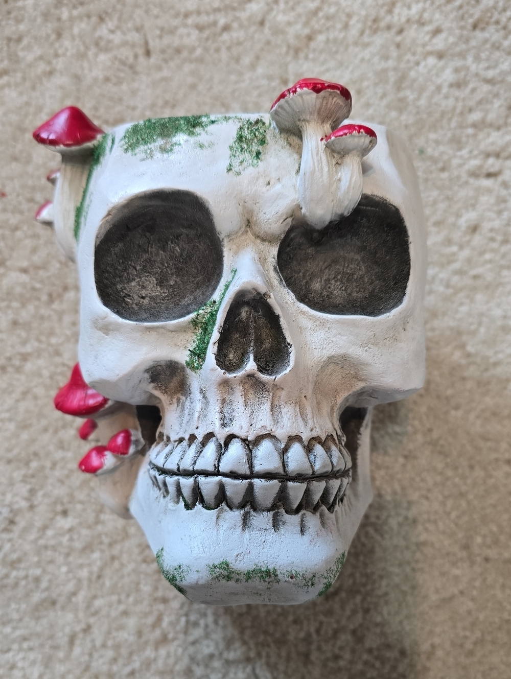 New Ashland White Skull Sculpture with Red Mushroom Accents Approx H 6"